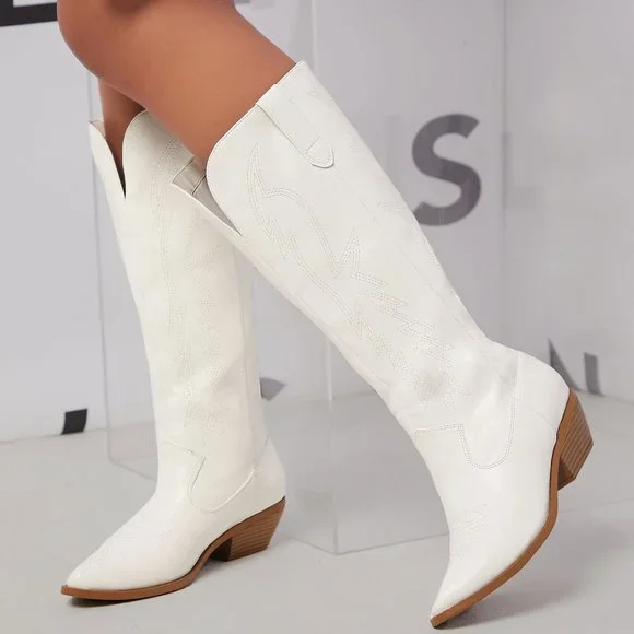 NEW🔥 White Pull On Embroidered Cowboy Cowgirl Western Knee High Boot Block Heel - Picture 2 of 4